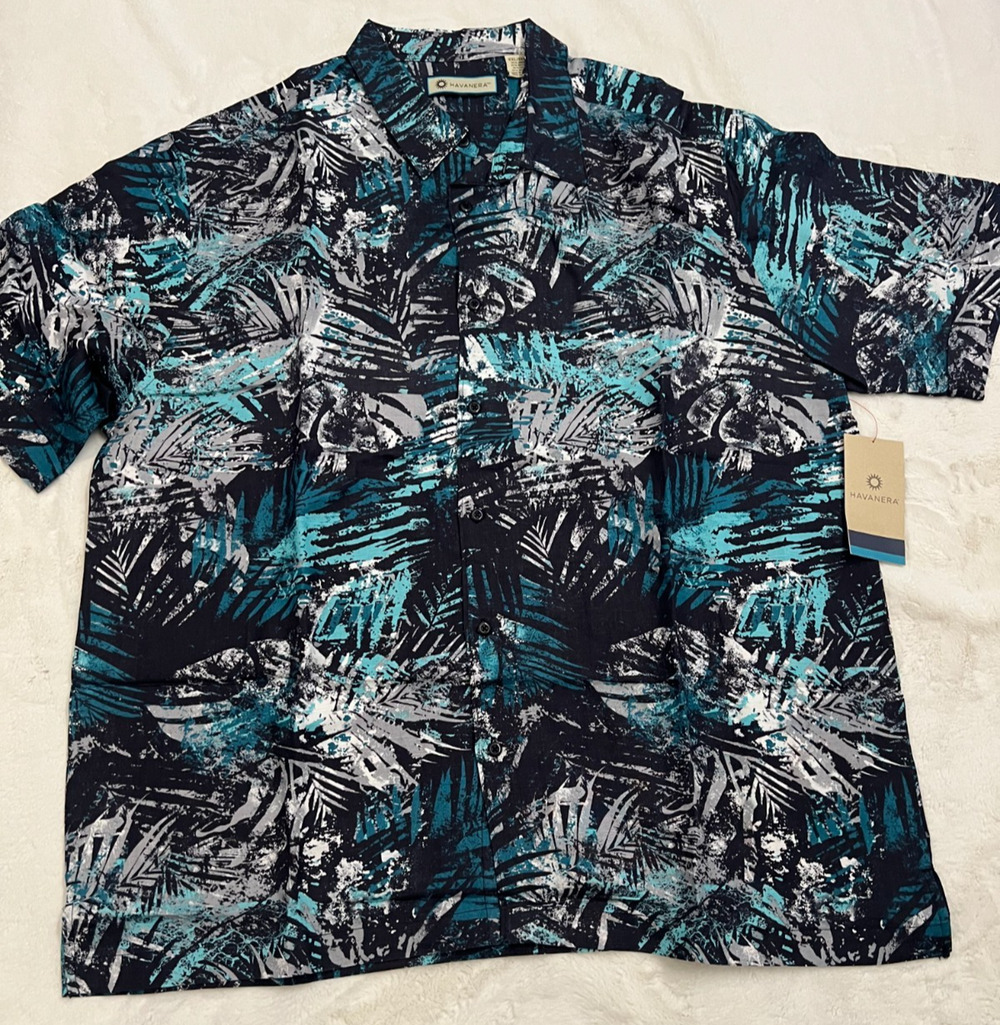 Havanera Mens XXL Hawaiian Shirt Blue Black Tropical Linen Rayon Camp Button NWT